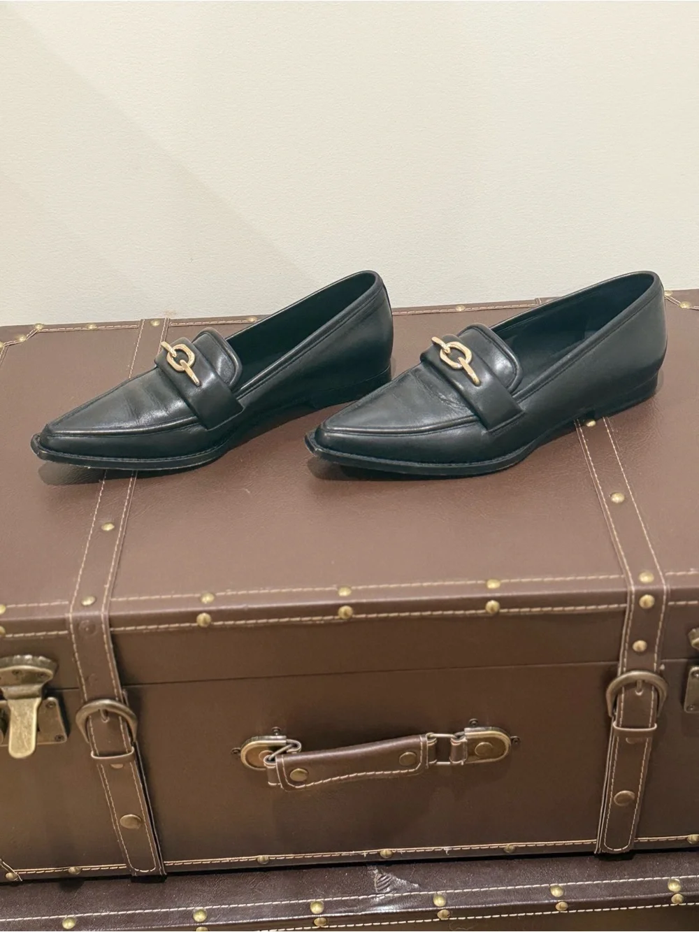 Anine Bing Black Pointed Leather Loafers with Gold Hardware
